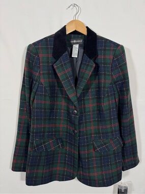 WBZ1 {Sag Harbor} Christmas Holiday Plaid Wool Velvet Collar Blazer Suit Coat